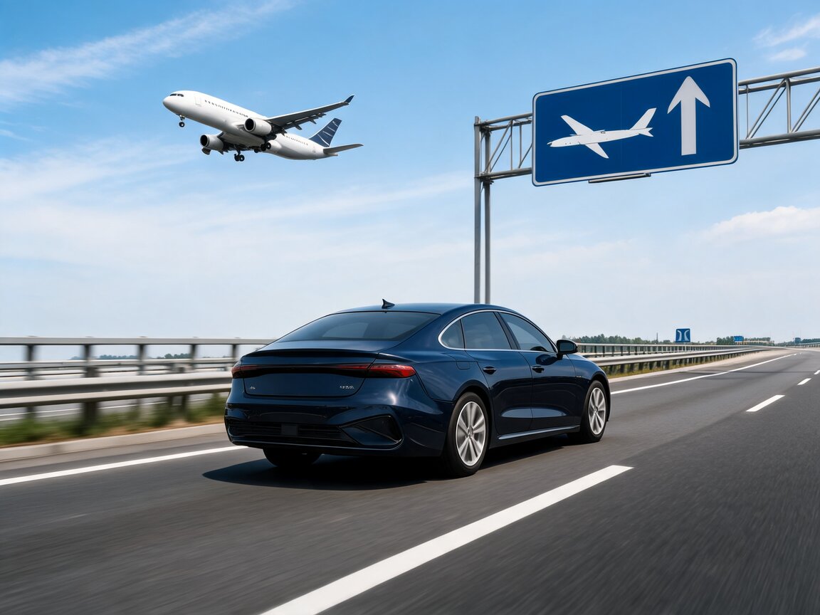 Fahrzeug auf der Autobahn unter einem Hinweisschild zum Flughafen, darüber ein landendes Flugzeug
