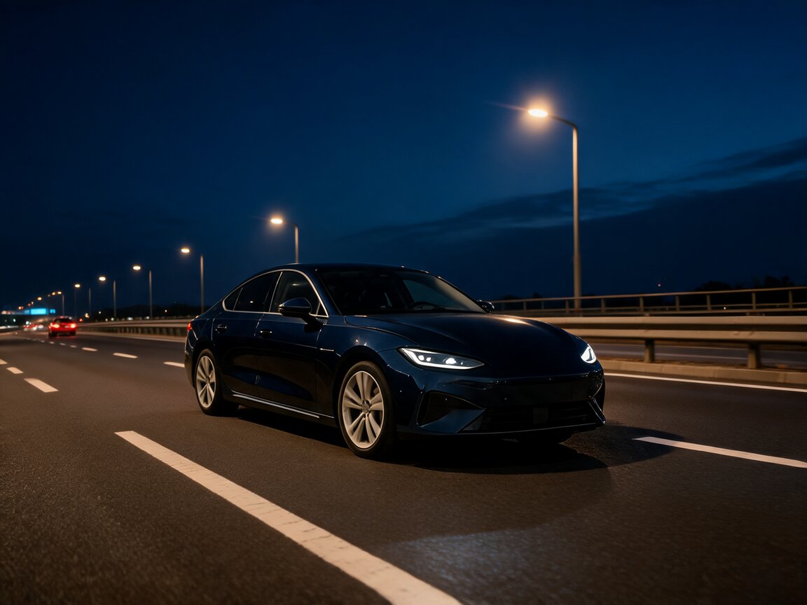 Limousine nachts auf einer leeren Autobahn, in der Ferne die Rücklichter anderer Fahrzeuge