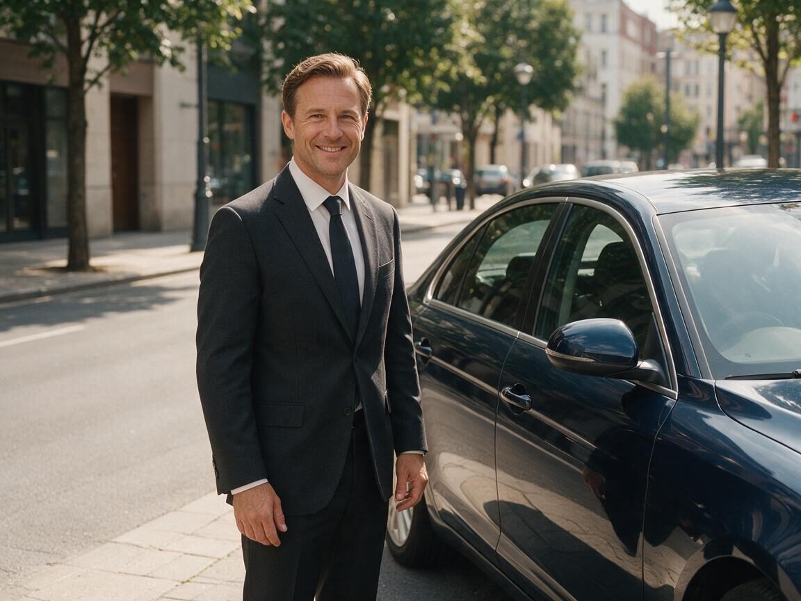 Chauffeur von Droschke Fahrservice neben seinem Fahrzeug