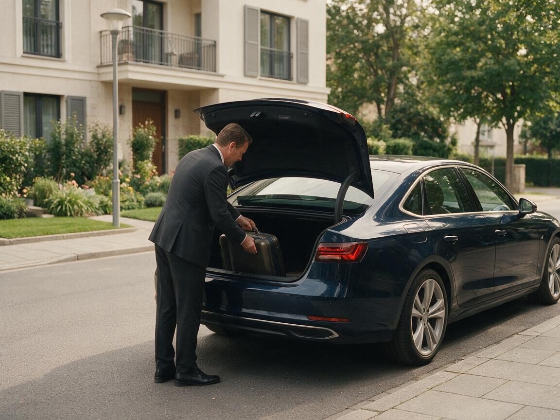 Chauffeur verstaut einen Koffer im Kofferraum vor der Fahrt zum Flughafen Frankfurt