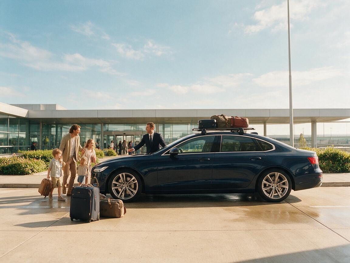 Limousine mit Gepäck auf dem Dachträger vor dem Terminal, eine Familie kommt über den Vorplatz