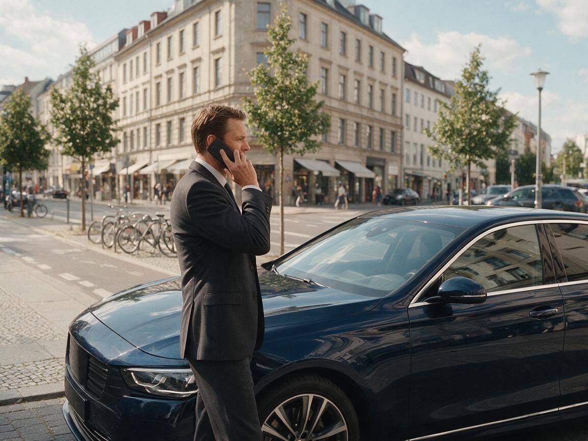 Geschäftsreisender telefoniert neben der Limousine am Rand einer Innenstadtstraße