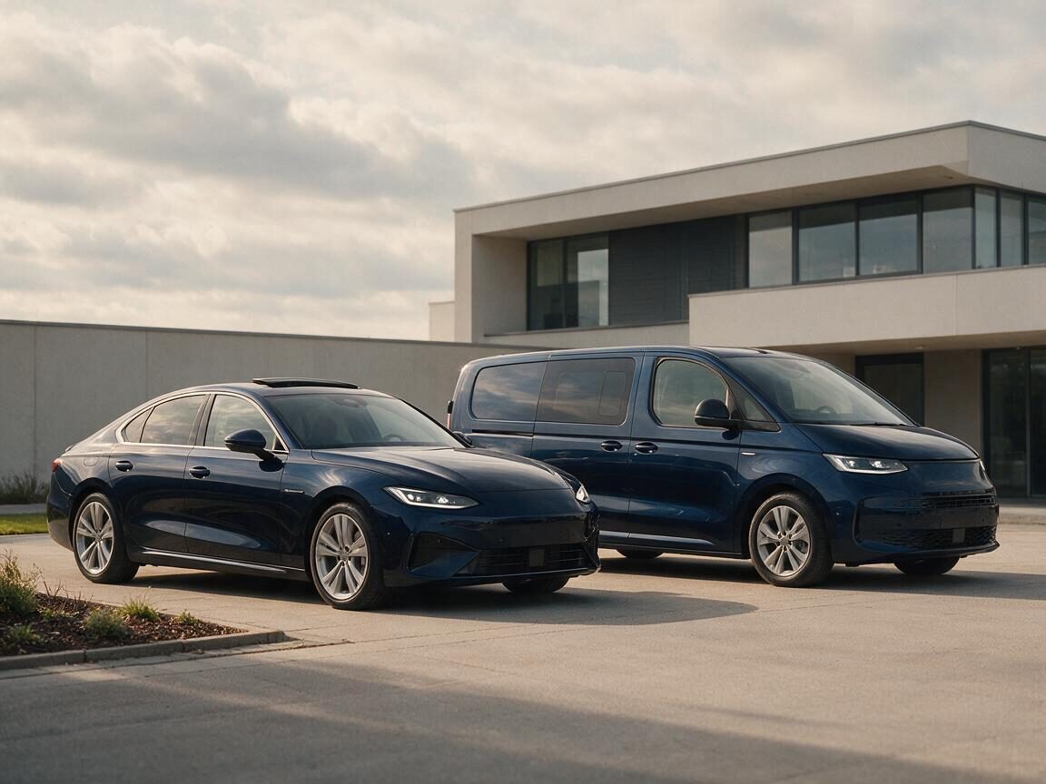 Limousine und Van stehen abfahrbereit in der Einfahrt eines modernen Hauses