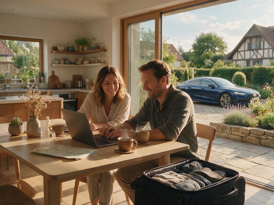 Reisende buchen ihren Flughafentransfer am Laptop