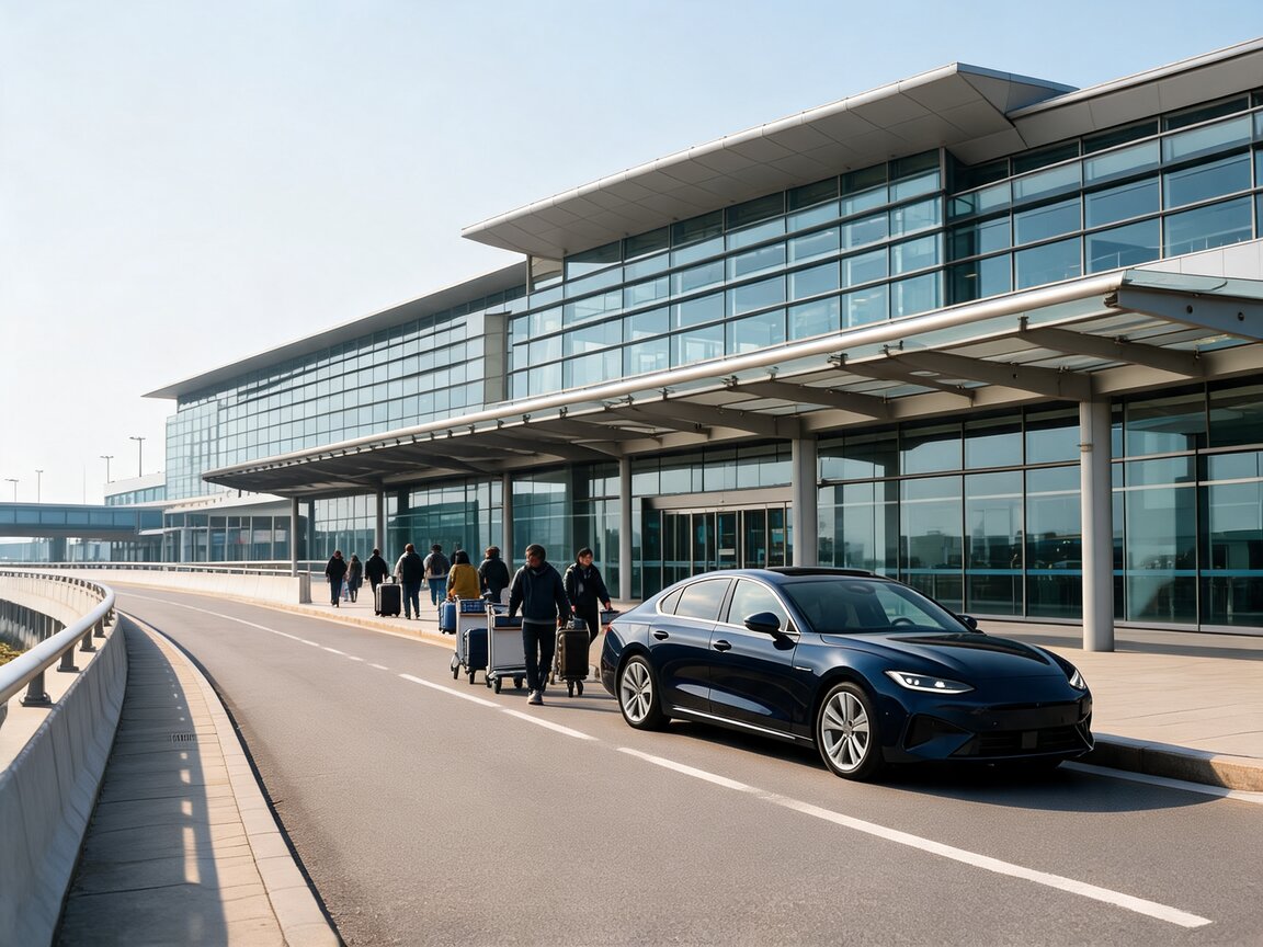Mehrstöckiges Terminalgebäude mit Fahrzeug an der Vorfahrt der Abflugebene