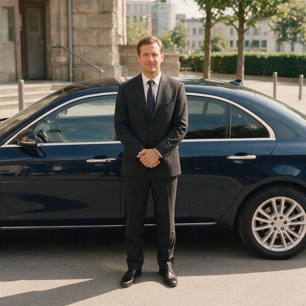 Fahrer von Droschke Fahrservice vor seinem Fahrzeug
